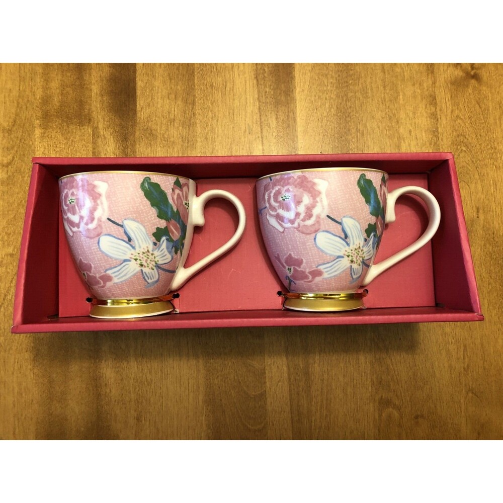 The English Mug Co Set of 2 Pink Floral Fine China Mugs Designed in England NEW